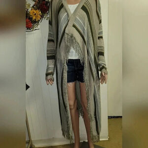 Aina Be Long Fringe Cardigan Boho Open Front Sweater Size L